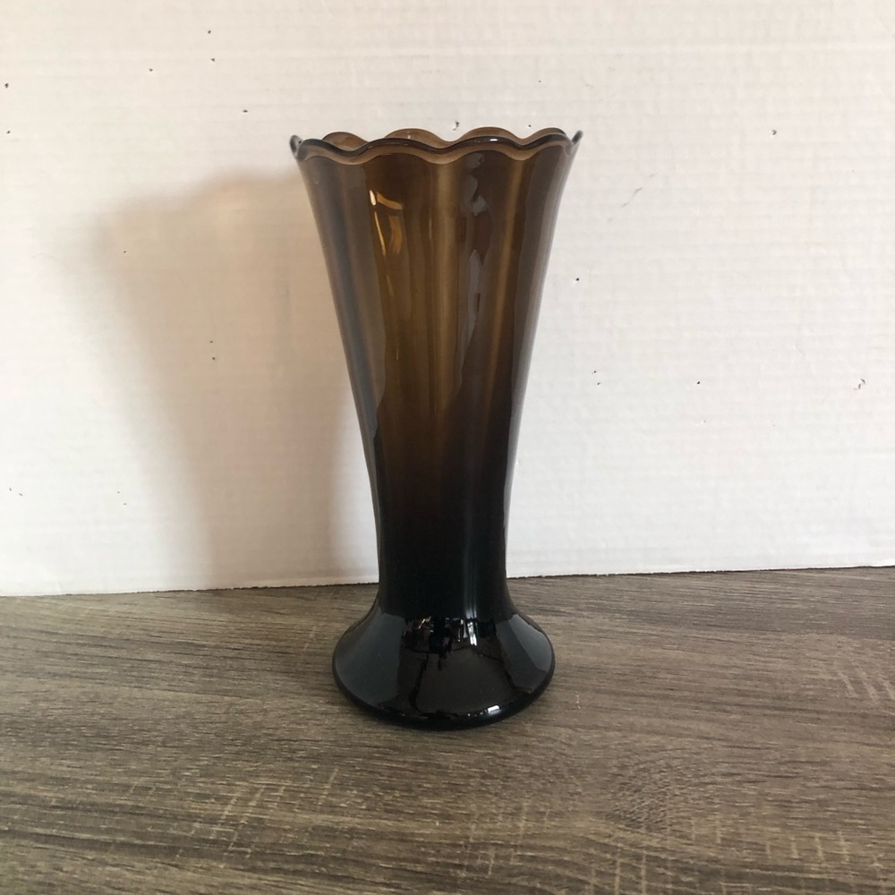 Vtg Smokey Glass Vase with Ruffle Edge